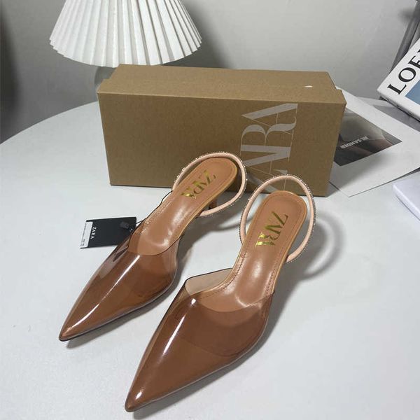 

za new 2023 summer pointed slim shallow mouth high heels rhinestone chain decoration back strap wrap head sandals women's trend, Black