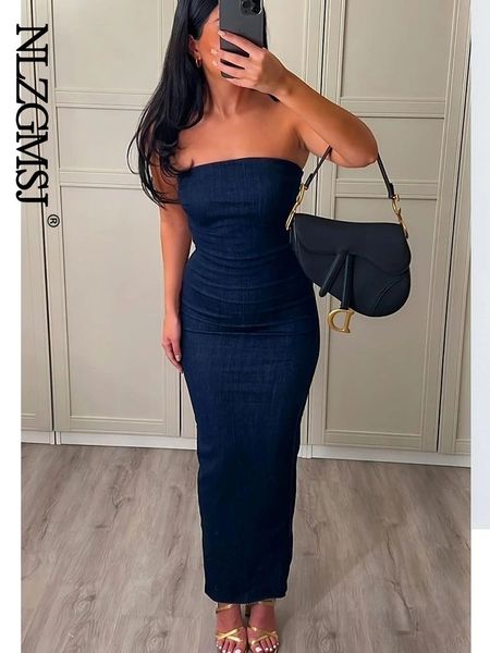 

urban dresses nlzgmsj traf strapless backless zipper split dress party blue denim female long dress for women summer evening dresses 230706, White;black