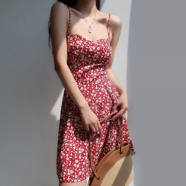 

basic casual dresses summer red floral print mini dress women elegant chiffon spaghetti strap woman beach backless slim ladies 230706, Black;gray