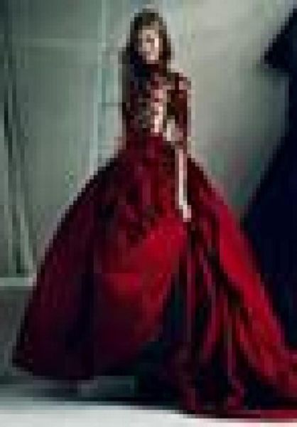 

dark red appliqued prom dresses ball gown high neck sheer long sleeves evening gowns sweep train satin formal dress3939694, Black