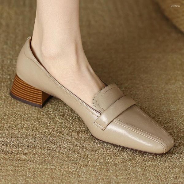 

dress shoes women's genuine leather 4cm thick low heel square toe slip-on pumps elegant ladies ol style soft comfortable heeled 34-42, Black