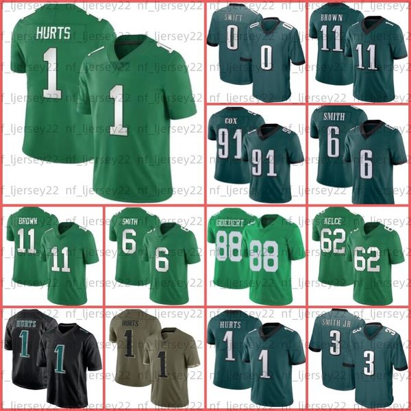 

jalen hurts football jerseys 11 a.j. brown jason kelce devonta smith haason reddick darius slay jr goedert mailata d'andre swift philad, Black;red