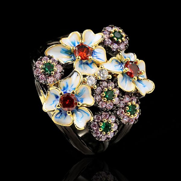 

wedding rings gorgeous ladies 925 silver black gold ring color flower ring zircon jewelry handmade enamel exaggerated flower ring 230706, Slivery;golden