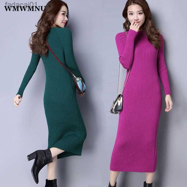 

slim solid long sleeve knitted dress women autumn winter korean midlength bottoming sweater bodycon dresses vestidos mujer l230621, Black;gray