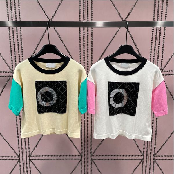 

runway designer 2023 summer short sleeve o-neck sequin t-shirts women 2 colour knitted casual female loose tee, White