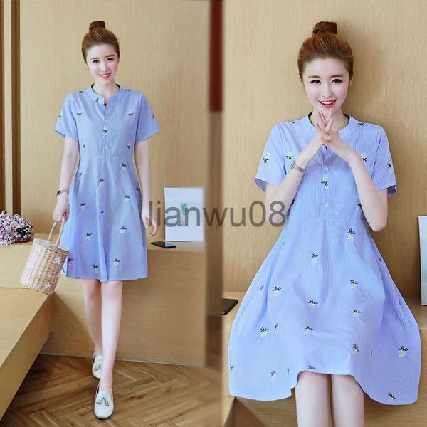 

maternity dresses maternity dresses summer slim pregnant women's short sleeve dress fashion elegant striped embroidery pregnancy clothe, White