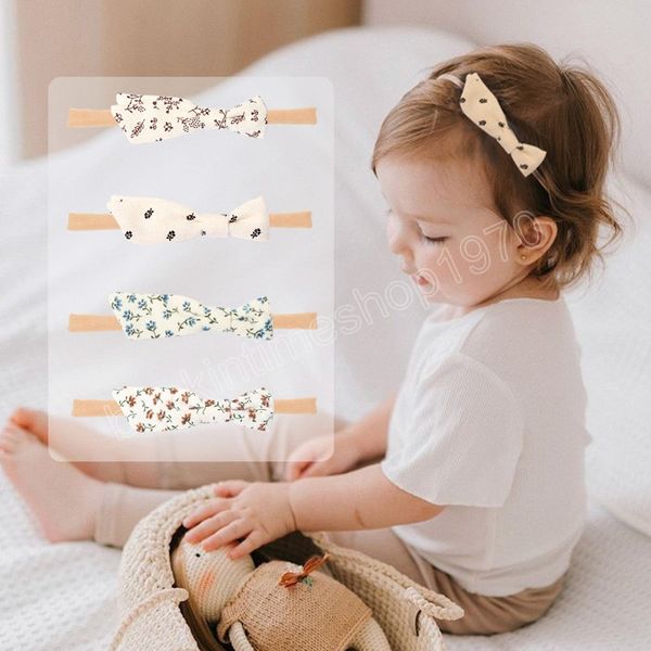 

children fashion cotton and hemp print hairband cute handmade knotted elastic traceless nylon headband kids accessories, Slivery;white