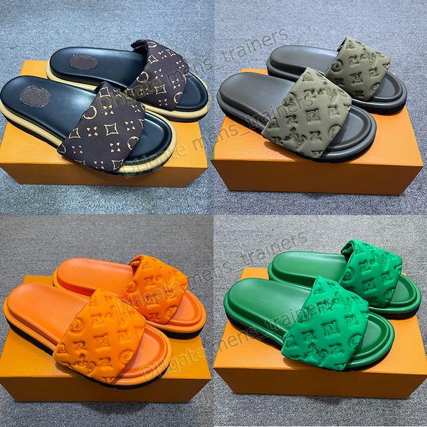 

designer sandals pool pillow slides mens women flat comfort mules slippers embossed scuff front strap luxury casual summer beach loafers pla, Black