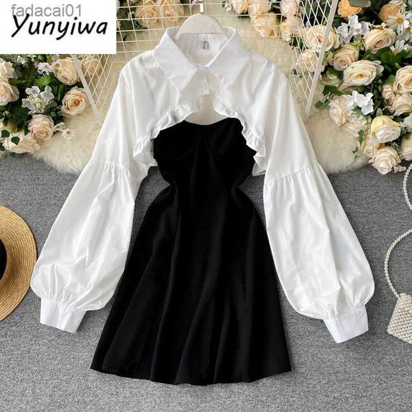 

2021 autumn women black spaghetti strap dress and white long sleeve blouses crop korean fashion mini vestidos l230621, Black;gray