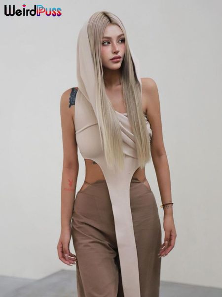 

women's tanks camis weird puss irregular y2k hooded women tank solid cross flods long ribbon sleeveless streetwear casual wild stretch, White