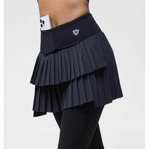 

skirts high waist double layer pleated skirt legging nylon elasticity gymwear fitness run yoga skort sports golf tennis skirts pants 230706, Black