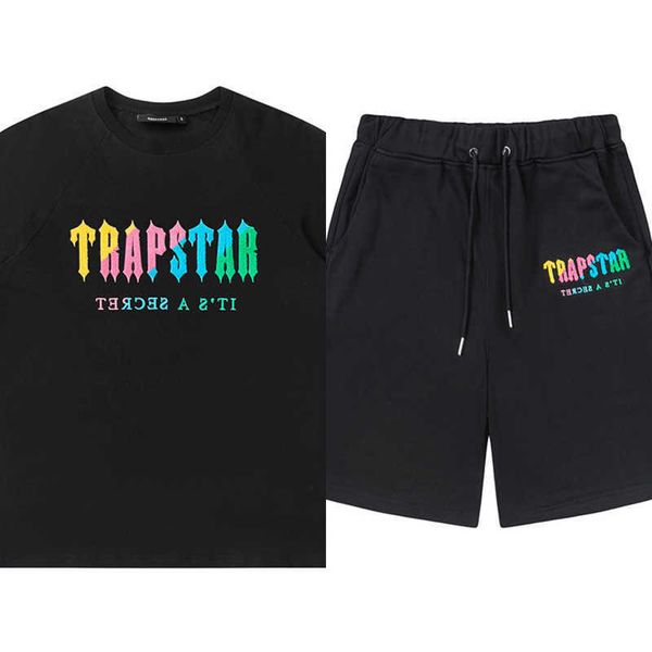 

mens tracksuits gradient rainbow letter embroidery t-shirt high street shorts 2 piece set summer cotton outfits sports suit, Gray
