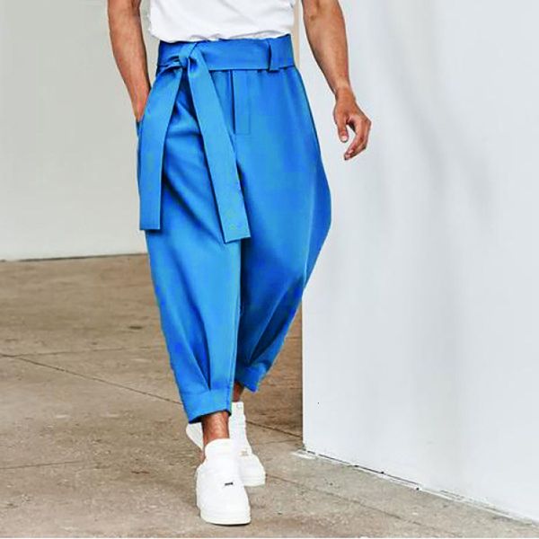 

mens pants solid color autumn winter anklelength belt casual pencil men fashion streetwear clothing 230706, Black