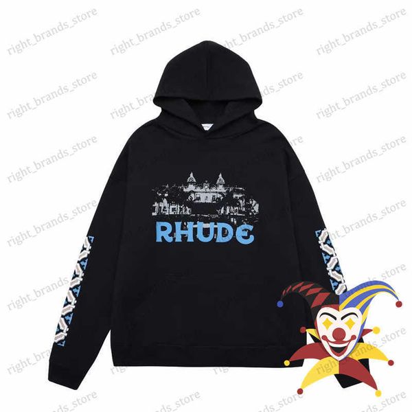 

men's hoodies sweatshirts rhude terry hoodie men women 1 1 heavy fabric oversized castle print streetwear rhude pullover t230707, Black