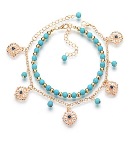 

2pcsset bohemian fashion gold color foot chain beaded hollow out flower rhinestone bracelet anklets for women jewelry1220633, Golden;silver