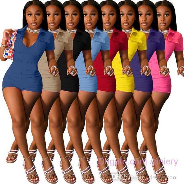 

summer women jumpsuits designer fashion rompers short sleeve workout button solid color bodysuit overalls double pockets, Black;white