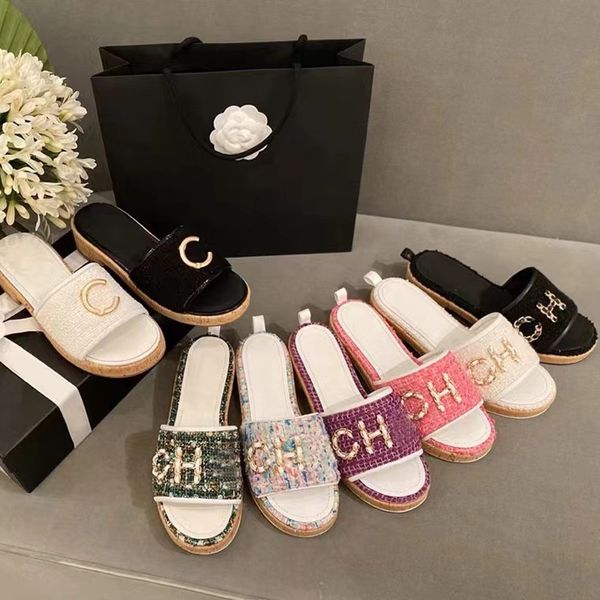 

2023 designer women tweed leather straw woven slides sandals slip on wedge flats fashion beach mule brand flip flops casual slides shoes pla, Black