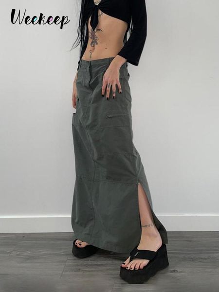 

pants weekeep pocket low rise long skirt haruku straight split hem cargo maxi skirts women vintage streetwear bottoms solid outfits, Black