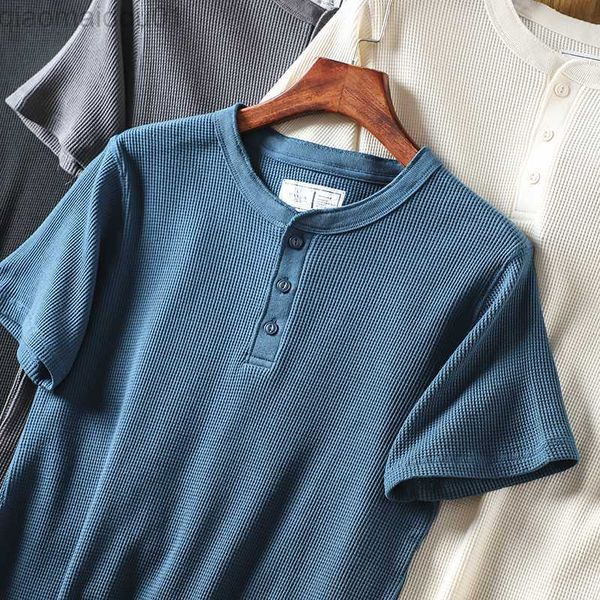 

men's t-shirts pure cotton henry collar waffle summer men's solid color versatile casual short sleeve t-shirt fashion l230707, White;black