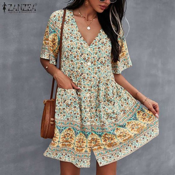 

basic casual dresses ladies holiday button vestidos women bohemian printed sundress zanzea v neck mini dress summer short sleeve floral kaft, Black;gray