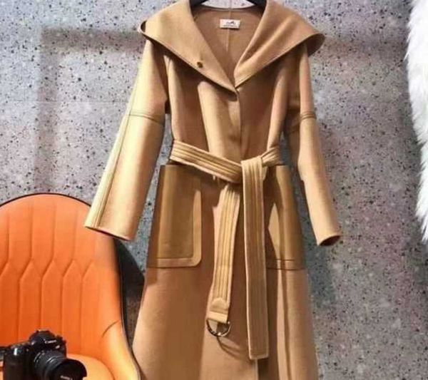 

women's wool blends designer fashion wool coat jacket outerwear splicing double-sided tweed hooded coats winter warm and slims, Black