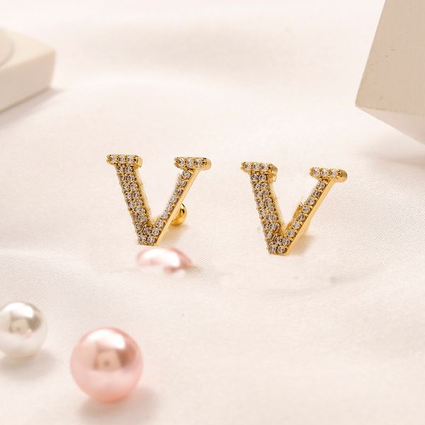 

18k gold plated luxury brand designers letters stud geometric famous women stainless steel crystal rhinestone earring wedding party gift jew, Golden;silver