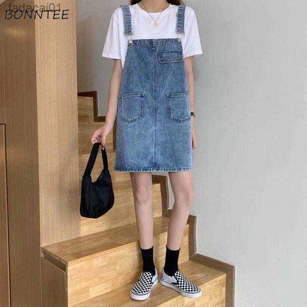 

sleeveless dresses women retro denim summer sarafan loose overall femme casual stylish solid allmatch preppy ulzzang ins kawaii l230621, Black;gray