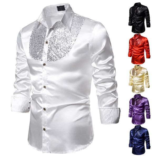 

men's dress shirts men's shirt sequined performance nightclub men's host mc men's lapel long sleeve solid color shirt me, White;black