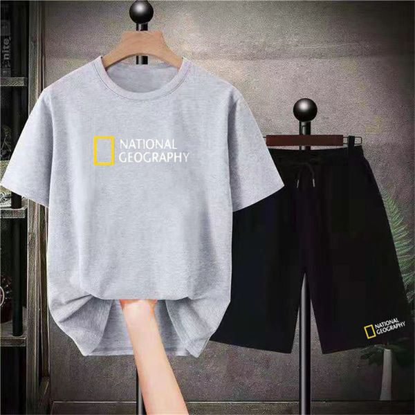 

mens tracksuits summer men t shirts suit geographic magazine letter print shorts sets 2 piece outfits 100% cotton 230706, Gray