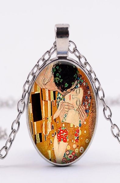 

the kiss by gustav klimt neckalce kisses abstract art painting vintage gem pendant necklaces romantic valentines day gift5855312, Silver