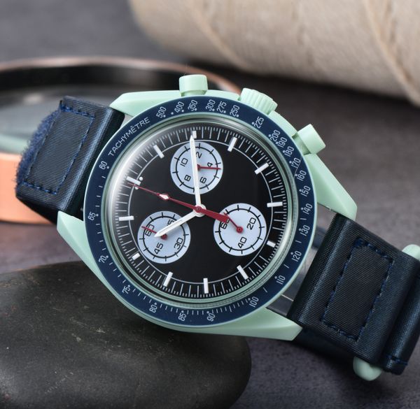 

men moon watch full function quarz chronograph watches mission to mercury 42mm nylon luxury watch limited edition master wristwatches, Slivery;brown