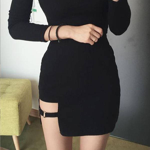 

skirts klv women summer harajuku irregular high waist bandage skirt female black gothic mini bodycon short skirt slim clubwear 230707