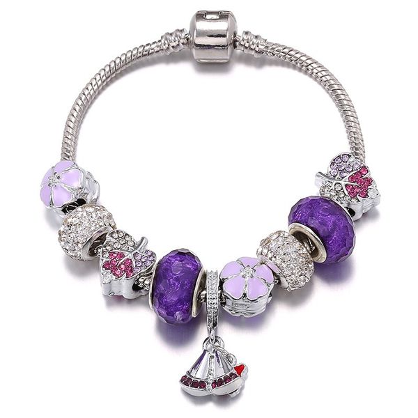 

925 sterling silver murano glass beads purple bells fallen leaves five petals flower european charm beads butterfly dangle fits pandora char, Golden;silver