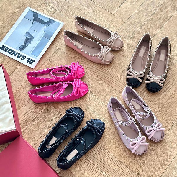 

bowtie rivet patent leather ballet round toe cap flats women's luxury designers casual dress shoes factory footwear size 35-40, Black