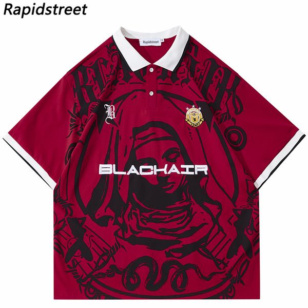

men's polos hip hop streetwear polo t-shirt virgin mary graphic t shirt men polo shirt short sleeve harajuku cotton tees red grey 2307, White;black