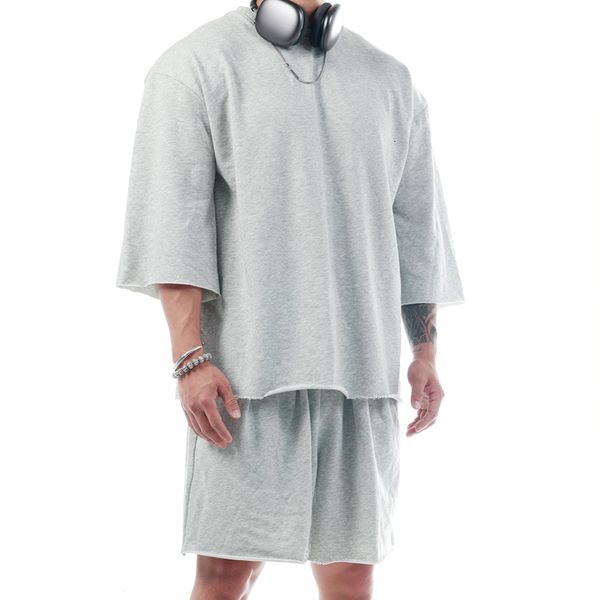 

mens tracksuits men fashion short sleeve sets summer casual roll up loose hem male trend solid color streetwear set 230706, Gray
