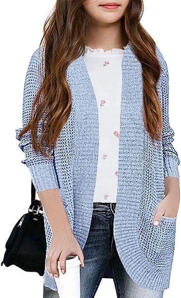 

girls open front cardigans kids waffle knit chunky winter sweaters coats with pockets for 7-14y, Blue