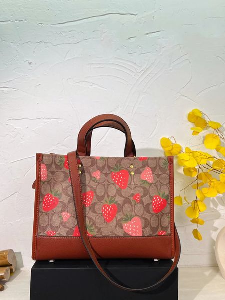 

designer satchel women's vintage canvas satchel with strawberry pattern has double pockets size 30*23cm shoulder tote large capacity ba