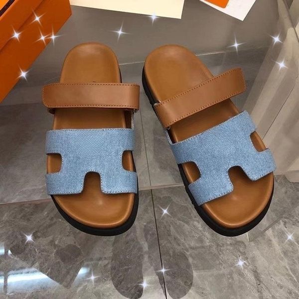 

luxury designer sandals 2023 new women spring summer leather letter slippers velcro casual thick bottom beach sandals flip flops high qualit, Black