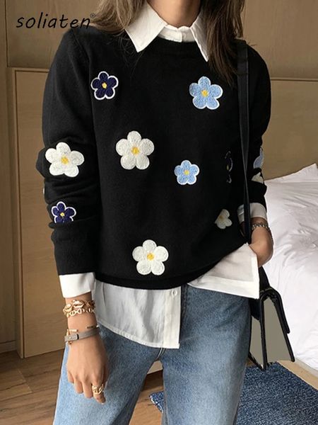 

women's sweaters korean floral emobroidery pullover sweater women elegant o neck knitted c-089 230706, White;black