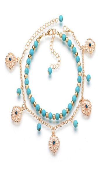 

2pcsset bohemian fashion gold color foot chain beaded hollow out flower rhinestone bracelet anklets for women jewelry8991841, Golden;silver