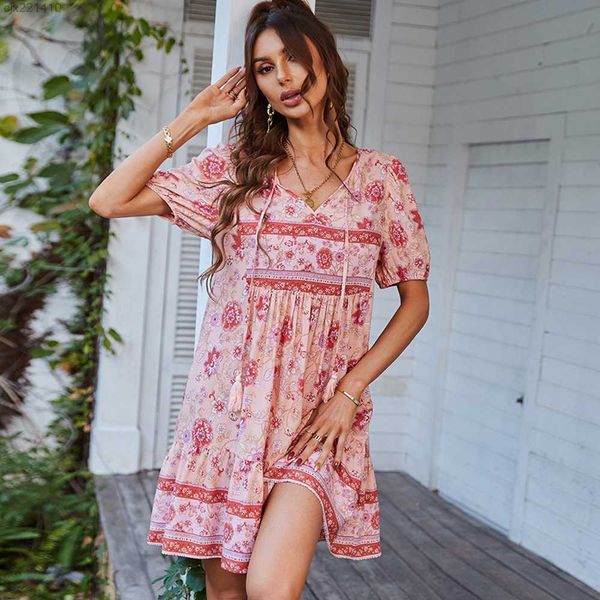 

floral printted womens aline dress vneck laceup onepiece dress summer sleeve skirts bohemian style rlrf, Black;gray