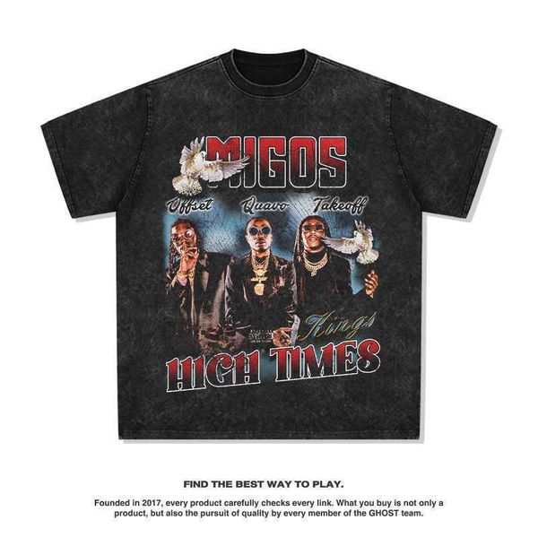 

hip hop team migos printed american street long sleeve short sleeve washable old trendy brand t-shirt stussys 1v90, White;black