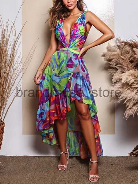 

casual dresses colorful print deep v one piece lace-up design floaty beach skirt front short fashion women bikini set and long cover up j230, Black;gray
