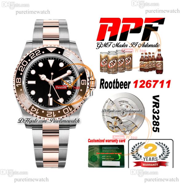 

apf root beer gmt ii vr3285 automatic mens watch two tone rose gold cola brown ceramic bezel black dial 904l oystersteel bracelet super edit, Slivery;brown