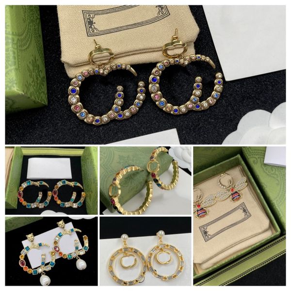

luxury g letters hoop earrings designer brand stud earring retro vintage copper colorful crystal pearl ear rings bee hoops jewelry women acc, Golden