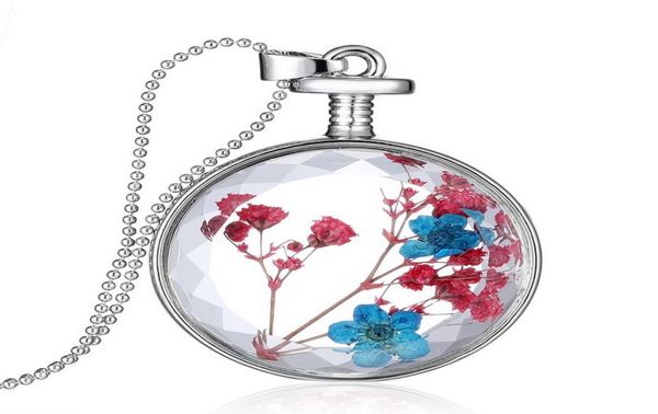 

chic transparent crystal floating dried red blue flower plant pendant charm locket necklace for women sweater chain jewelry5653121, Silver