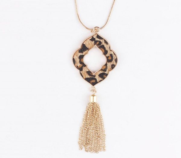 

cheetah leopard leather heart moroccan necklaces with long gold snake chain animal print quatrefoil floral metal tassel pendant 8221374, Silver