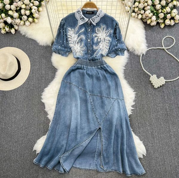 

luxury and luxury bubble short sleeve embroidered beaded polo neck with a slim waist and split a-line large swing denim dress, Black;gray