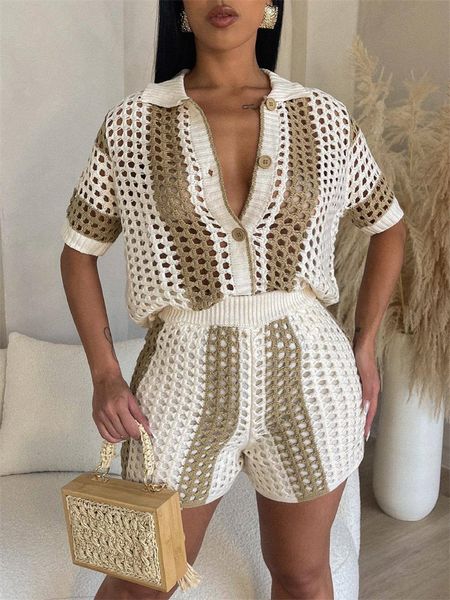 

women's two piece pants wjfzqm single-breasted turn-down collar hollowed out see-through lapel knitted outfit shorts suit two piece set, White